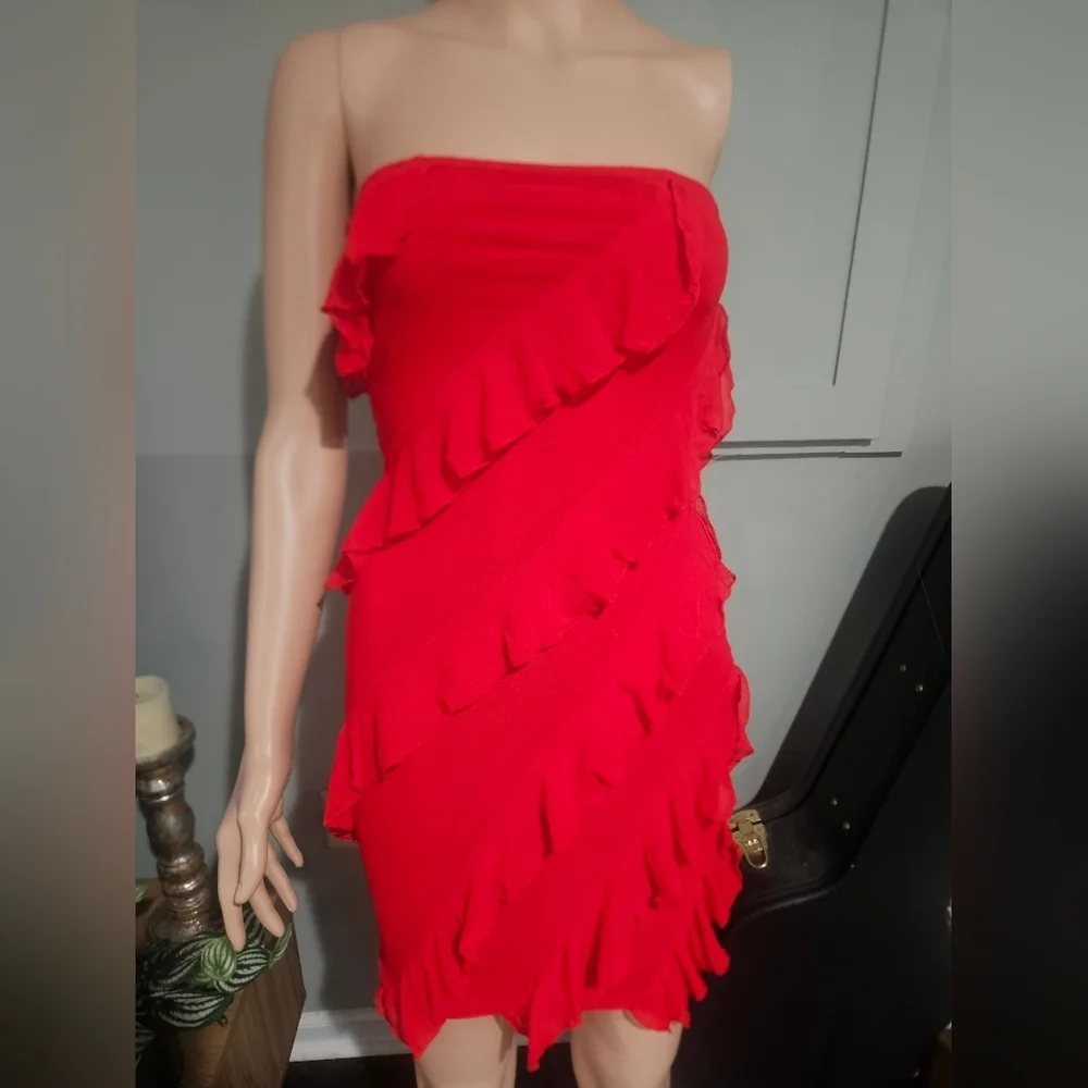 Strapless Red Ruffle Cocktail Mini Dress – Stretch Mesh Bodycon